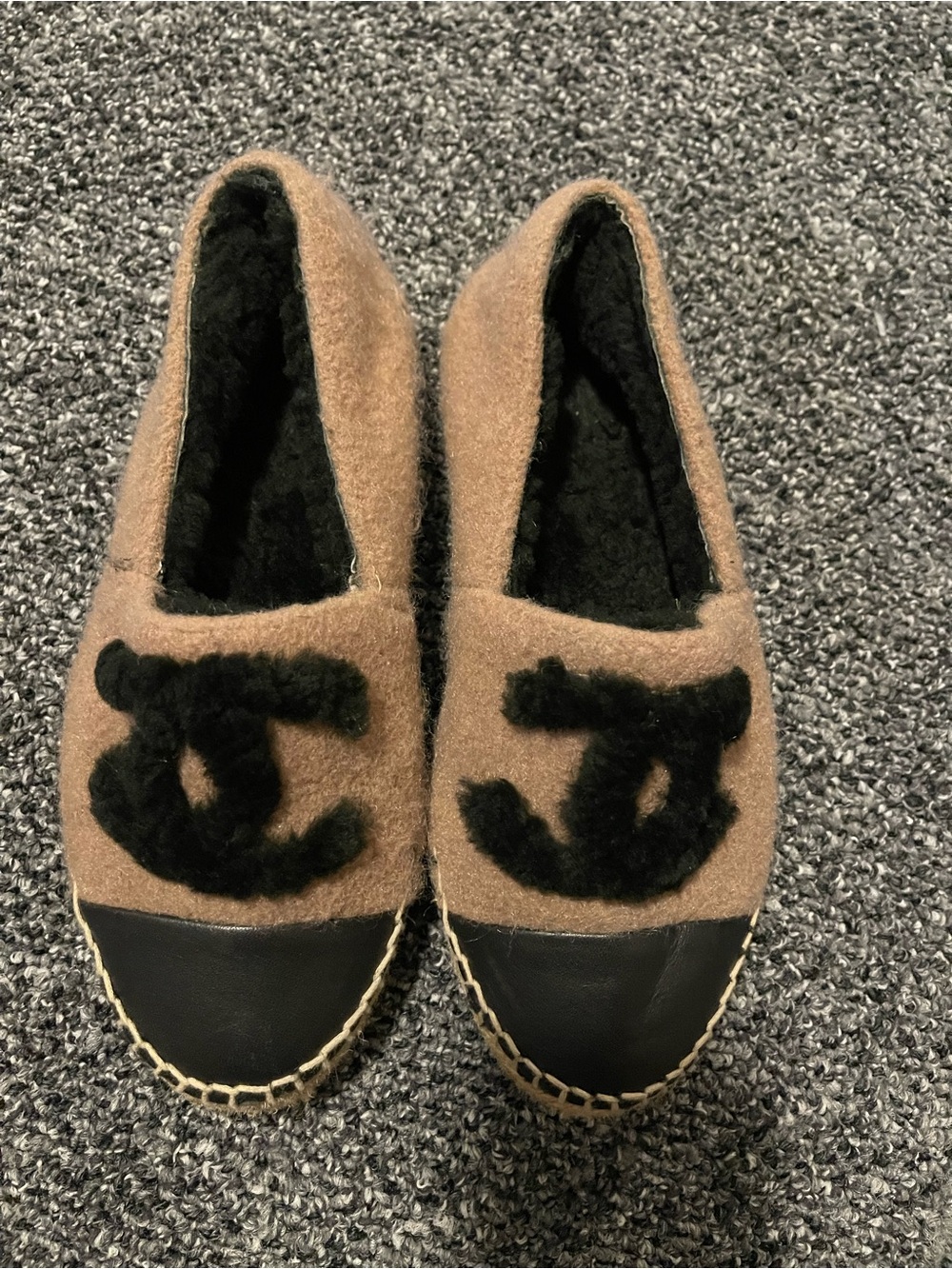 CHANEL Brown Wool Espadrille Slip-Ons with Black Logo and Toe Cap